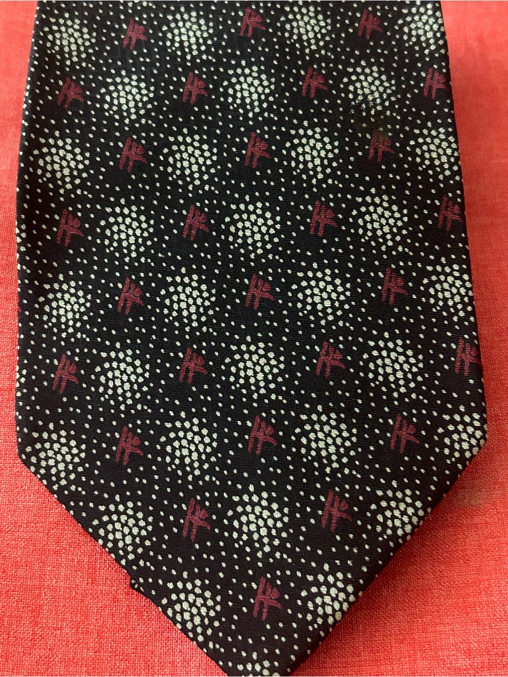 Giorgio Armani Black Silk Tie with Burgundy and Ivory Dot Medallions